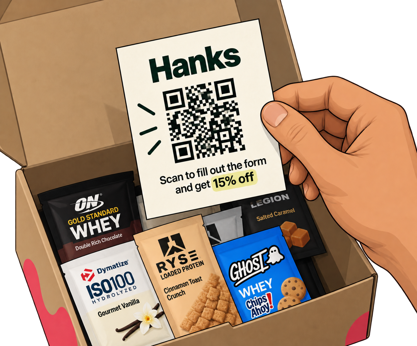 Hanks QR voucher held above an open sampler box