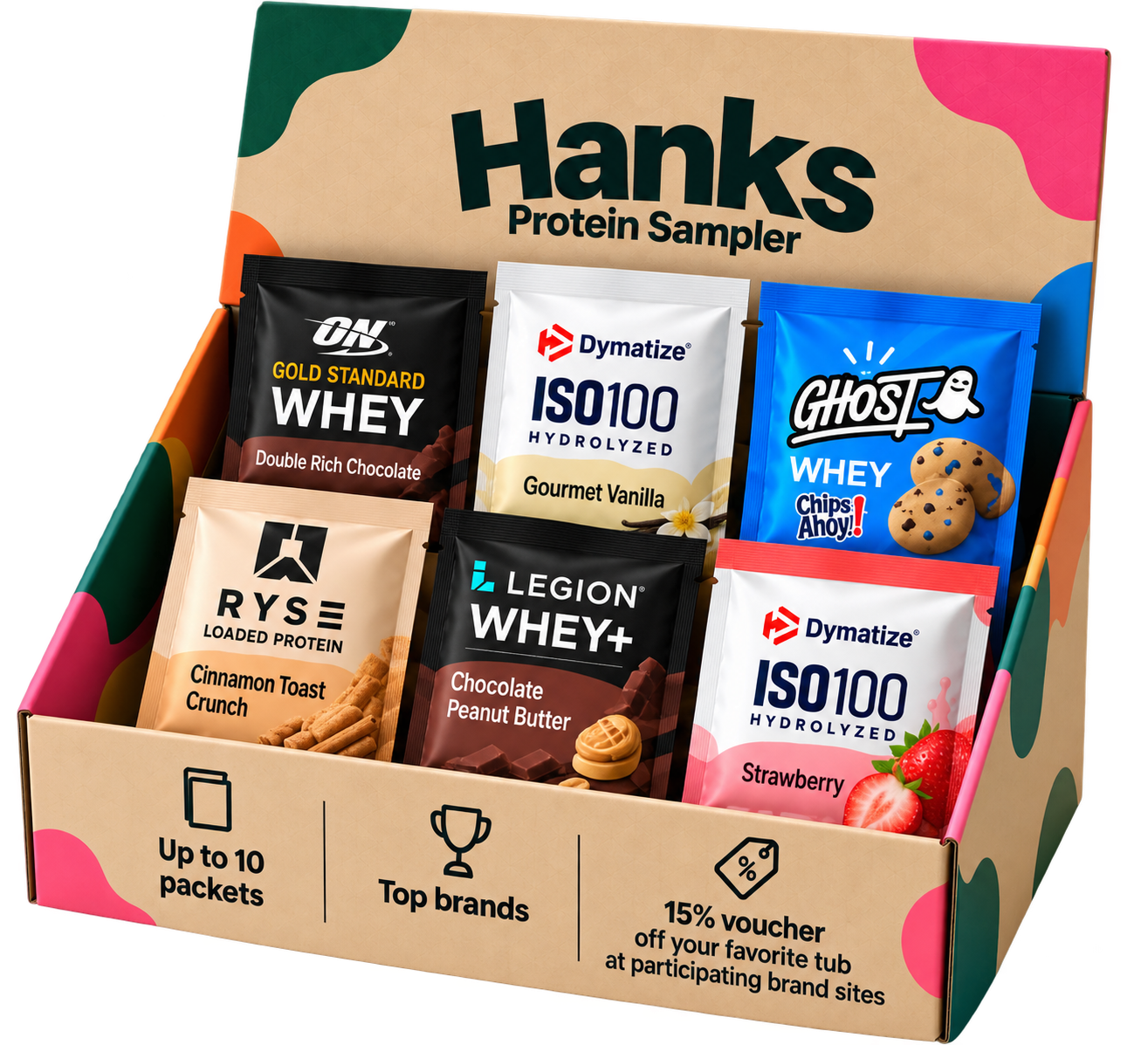 Open Hanks Protein Sampler box filled with six single-serve protein packets